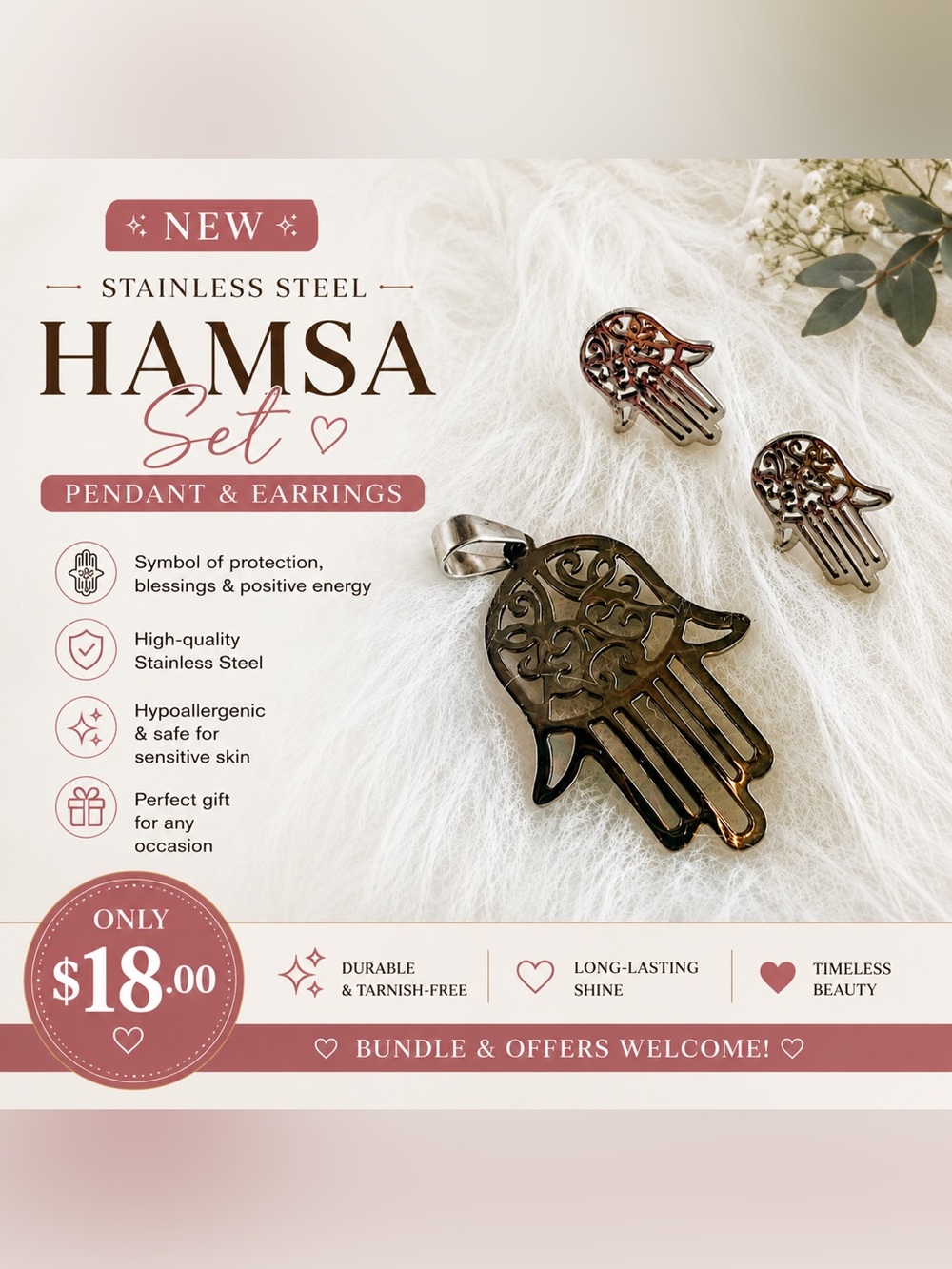 Hamsa Pendant and Earrings Set - Stainless Steel Silver